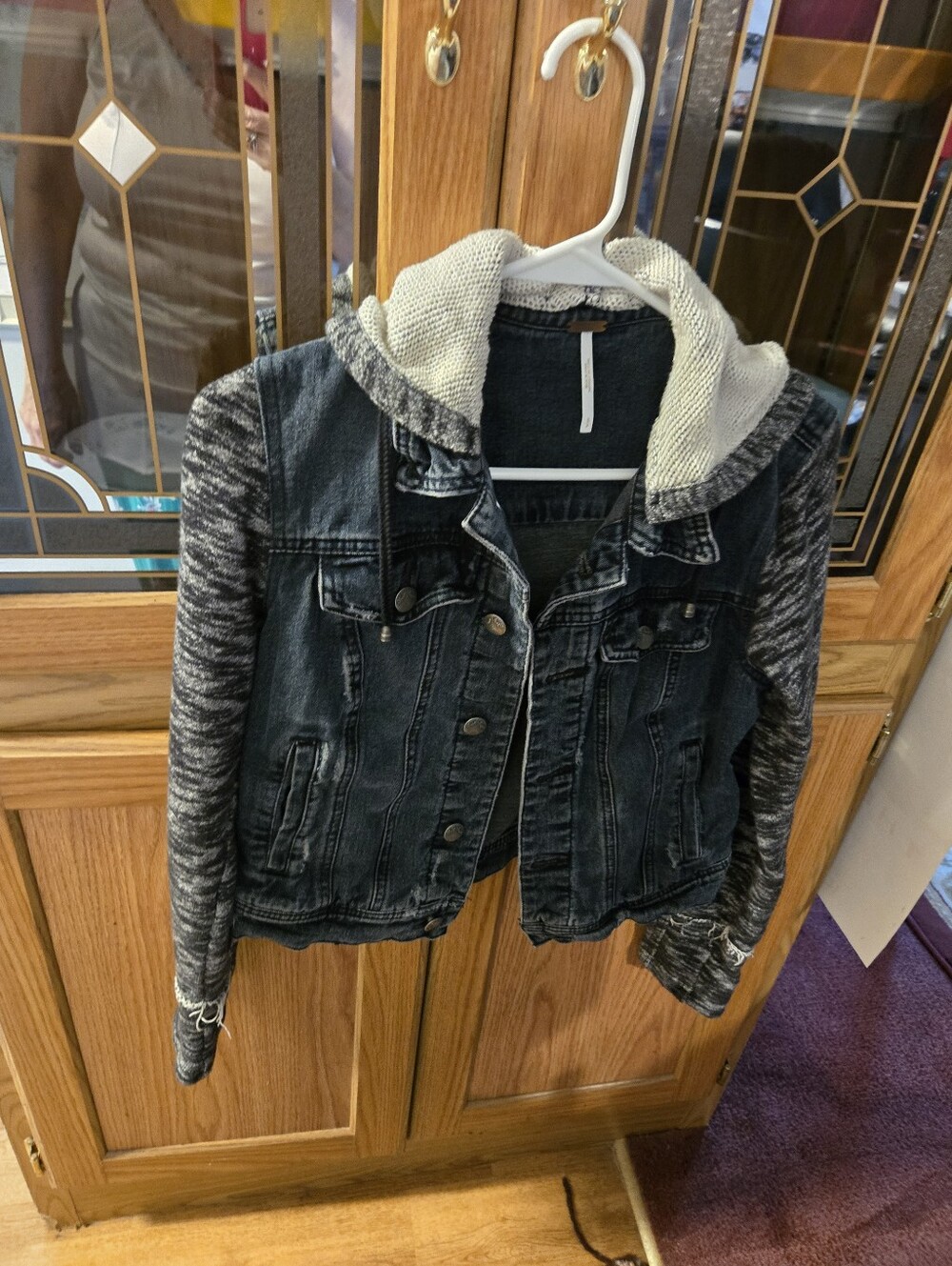 Free People  Size 3-4, Women's Black Denim Jacket with Gray Knit Sleeves & Hood